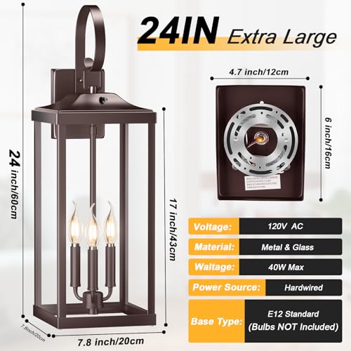 Image of 24 inch Extra Large Dusk to Dawn Outdoor Wall Lights, Waterproof Proch Lights | Oil Rubbed Bronze Outdoor Light Fixture 3-Light, Modern Outdoor Sconce Lights with Tempered Glass Coach Light, Brown, 1-Pack