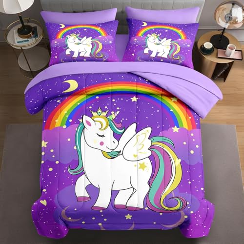 Image of WeCozy Queen Size Comforter Set with 2 Pillowcases & 2 Shams, Cute Unicorn Purple Space 7 Pcs Bedding for Kids and Teens, Animal Rainbow Horse Bed in a Bag with Flat Fitted Sheet