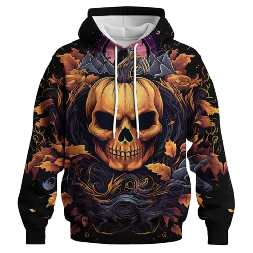 GHUALURU Felpa con cappuccio a maniche lunghe con teschio di zucca divertente per Halloween, Teschio Nero 3, XX-Large