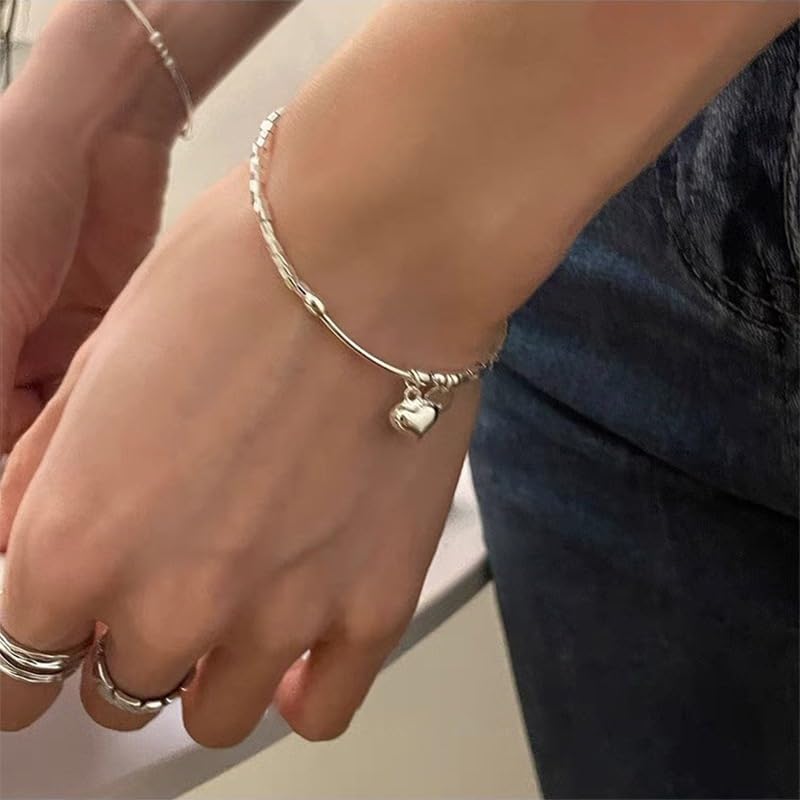 Chunky 925 Sterling Silver Dainty 3D Heart Bracelet for Women Cute Puffy Heart Charm Bracelets to Daughter Adjustable Cube Bead Chain Bracelet Birthday Valentines Day Jewelry Gifts (Silver) - Image 5