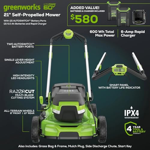 Image of Greenworks 60V 21 inch Dual-Blade Self-Propelled Lawn Mower with (2) 5.0 Ah Batteries & Rapid Charger