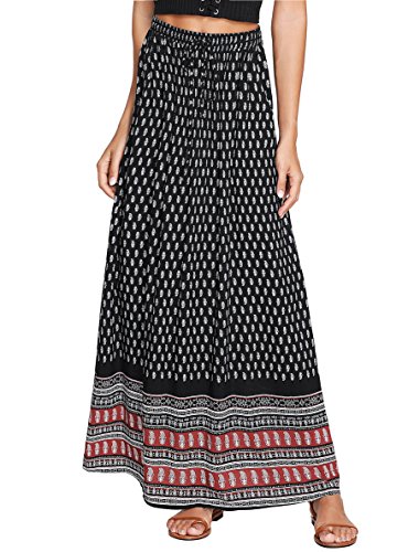 Milumia Women's Boho Vintage Print Pockets Side A Line Maxi Skirt Black Medium #TOP2