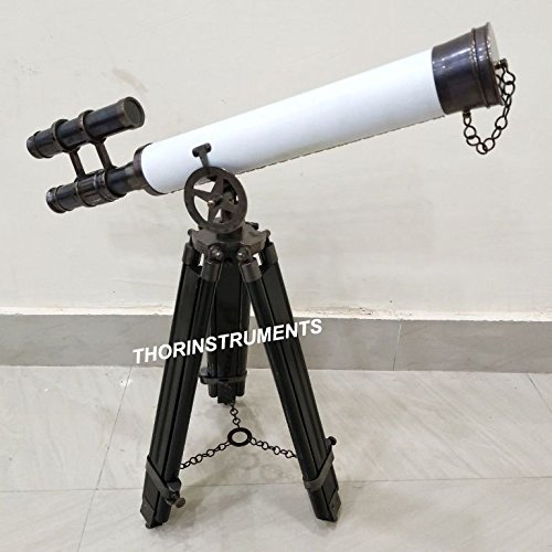 Authentic Collectible Bronze Nautical Table Telescope White Leather with Stand Rustic Vintage Home Decor Gifts