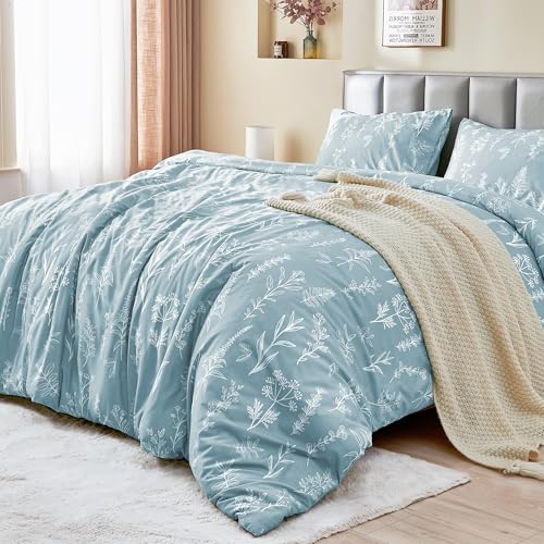 MUXHOMO Duvet Cover Queen Size, Reversible Floral Mineral Blue Duvet Cover Set with Zipper Closure, 3 Pieces Botanical Patterns Soft Microfiber Bedding Set with 4 Ties (90"x90", 2 Pillow Cases)