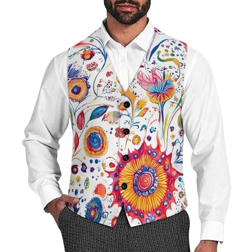 Colorful Florals Watercolor Flowers Suit Vest for Men Slim Fit Tuxedo Waistcoat Button Down V Neck Business Dress Coat