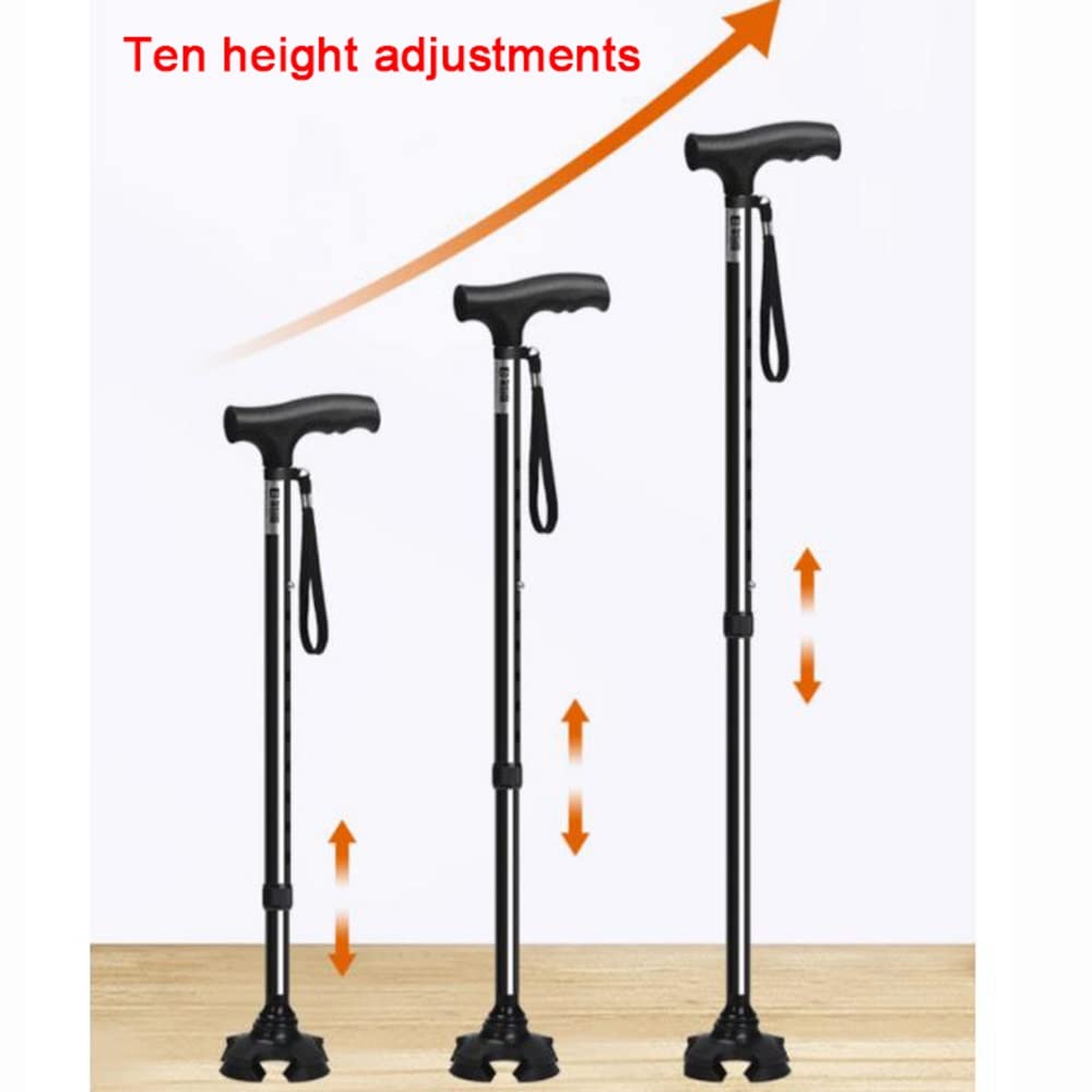 KADEUX Mayores Bastones para Caminar, Bastones De Aleación De Aluminio Ligero, Bastón Altura Ajustable 10 Niveles, Muletas con Pies Cuatro Pivotante, Seguridad (Color : Black)