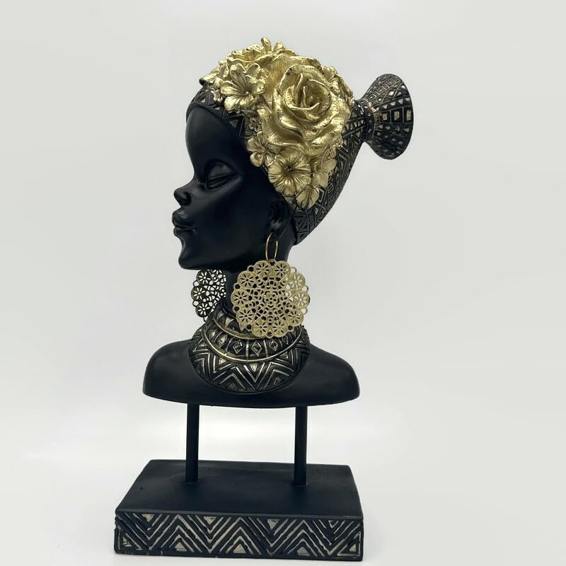 Figura decorativa cabeza mujer africana resina negro y dorado