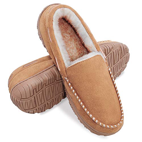 festooning Slippers for Men, Mens Moccasin Slippers with Soft Plush Warm Lining Casual Shoes Indoor Outdoor Anti Slip Rubber Sole Beige 14