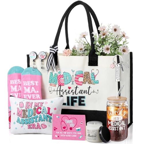 Skylety 9 Pcs Nurse Medical Assistants Gift Set for Women Trapezoid Grocery Canvas Tote Bags with Handle Glass Jar Tumbler Scented Candle Badge Reel Socks Novelty MA Nurse Week Appreciation Gift