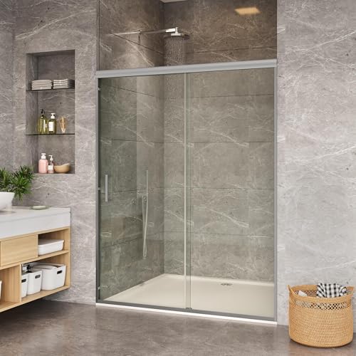 Image of Framed Shower Door 44-48 Inch wx74 Inch h - Glass Shower Door, Stainless Steel Square Rail, Double Sliding Shower Glass Door, 6Mm Tempered Glass, Brushed Silver