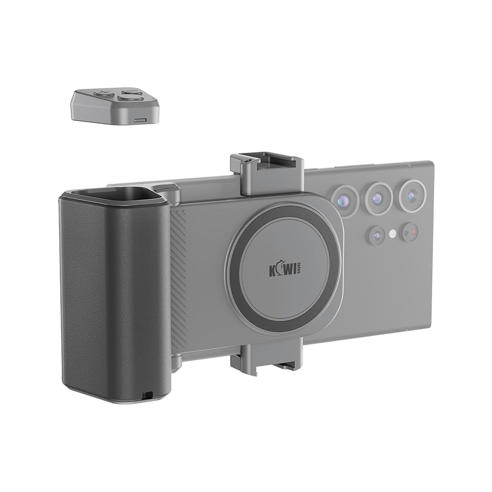 KIWIFOTOS Smartphone Phone Snap Großer Griff für Riesenhand mit magnetischem Video-Zoom, Bluetooth-Fernbedienung – Vlogging-Aufnahme, Filmen für iOS, Android-Telefone, Breite 59–85 mm (Grau