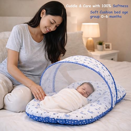 Image of Fareto Combo of Baby Bed with Net | Carry Bag | 4 Pcs Bedding Set (0-6 Months, Baby Size, Cotton) (Blue Moon)