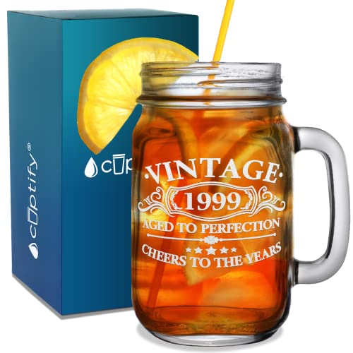 Cuptify 26th Birthday Aged To Perfection 26 Years Old Established 1999 Etched Mason Jar Glass 16 oz Drinking Glasses with Handle