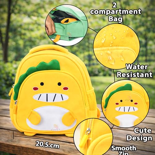 Image of WISHKEY Waterproof Small Size Bag,Picnic & Fancy Kindergarten Bags for Toddler Boys & Girls, Lightweight Cartoon 3D Baby Dino Nursery Dinosaur Backpack for Kids 2 To 5 Years (Pack Of 1,Yellow)