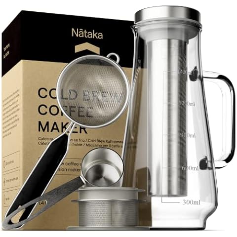 Cold Brew Coffee Maker, Iced Coffee Maker with Coffee Scoop and Tea Filter, Ultra-fine Filter, Thick Glass - Airtight, Leak Proof and BPA Free, 1.4L Cover