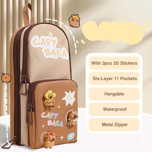 Image of Kawaii Cute Stationery Set | Aesthetic Multi-Layer Pencil Pouch with Charms & Push-Pull Eraser | Kawaii School /Office Supply Gift for Kids, Girls (Brown)