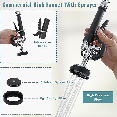Image of Fapully Commercial Kitchen Faucet,Wall Mount Kitchen Sink Faucet with Pre-Rinse Pull Down Sprayer,25'' Height 8'' Center 3 Compartment Sink Faucets with 12.2'' Swing Spout Chrome