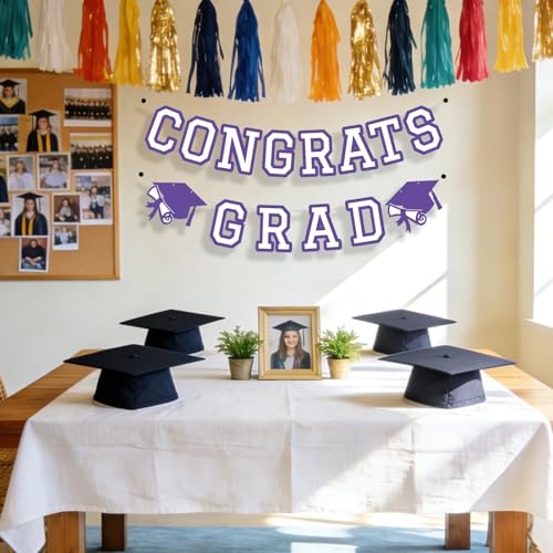 Image of Congrats Grad Banner Graduation Party Banner Decoration Hanging Garland High School College Backdrop Supplies Purple White