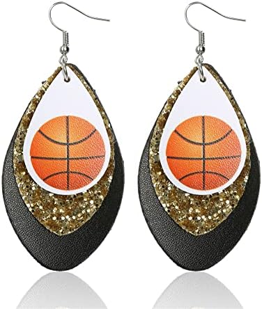 LINGFOO Leather Basketball Earrings for Women Basketball Jewelry USA Flag Earrings Lightweight Faux Leather Earrings Teardrop Ball Leather Dangle Earrings (#35100-1),8*4.2cm/ 3.15*1.65inch