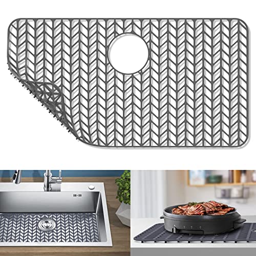 AWOKE Sink Protectors for Kitchen Sink, Kitchen Sink Protector Mat - 28.4"x15.2" Heat-Resistant Silicone Folding Non-Slip Mat for Stainless Steel Sink with Rear Drain (Grey)