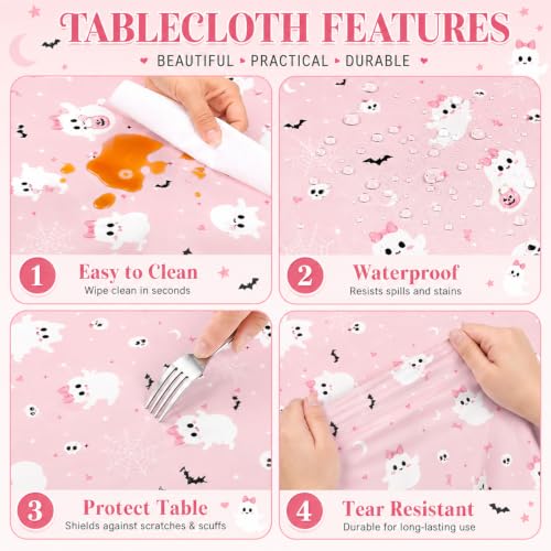 Image of LINHAXM 3 Pack Pink Halloween Tablecloth, Cute Ghost Halloween Disposable Plastic Table Covers for Halloween Birthday Baby Shower Decorations, 54 x 108 Inches