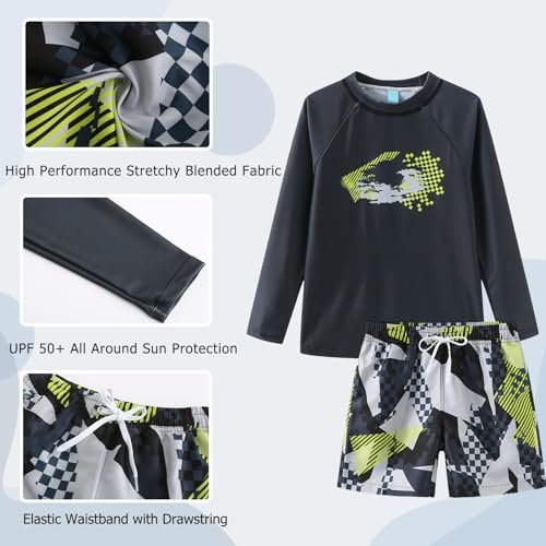 Image of Boys Two Piece Rash Guard Swimsuits Set with Swim Trunk Kids Long Sleeve Bathing Suit Swimwear Set