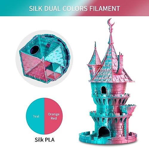Image of ERYONE Silk Dual Color PLA Filament 3D Printer 1.75mm + /- 0.03mm, Bicolor Filament Two Tone PLA 1KG(2.2lbs) Cardboard Spool, Teal&Orange Red