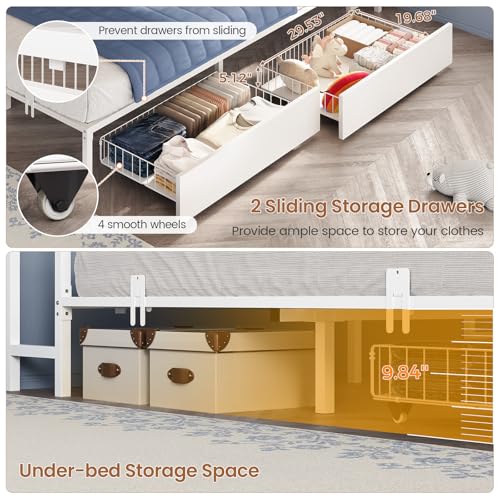 Image of Hasuit Queen Corner Bed Frame with Storage Drawers and Bookcase Headboard, Queen Size Metal Platform Corner Bed Frame with Charging Station and LED Lights, Queen Daybed for Adults Teens Guests, White
