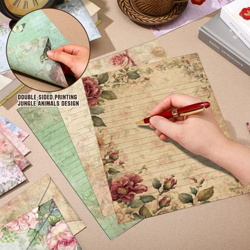 Image of TaoBary 160 Pcs Vintage Floral Stationery Paper and Envelopes Set 50 Double Sided Lined Stationery Paper with 50 Matching Envelopes and 60 Round Dot Sticker 8.5 x 11'' Letter Writing Kit, 10design