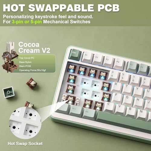 Image of YUNZII B75 PRO Wireless Mechanical Keyboard,75% Layout with Knob,Hot Swap Gasket Structure,Creamy Pre-lubed Switches,RGB Backlit,Bluetooth /Type-C /2.4G for Win /Mac (Matcha Green, Cocoa Cream V2 Switch)