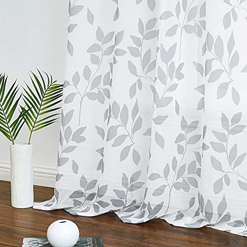 Image of White Grey Leaf Sheer Curtains for Bedroom 63 inch Semi-Sheer Print Leaves Pattern Curtains for Living Room Rustic Linen Textured Window Draperies for Parlor Apartment Dorm Rod Pocket Set of 2