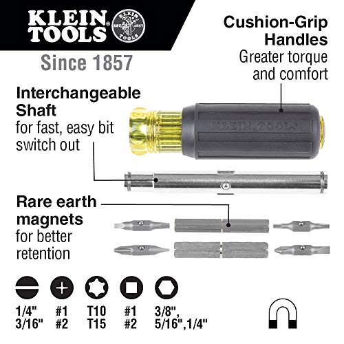 Klein Tools 32500MAG Magnetic Multi-Bit Screwdriver/Nut Driver, 11-in-1 Multi Tool with 8 Bits, 3 Nut Driver Sizes, Cushion Grip Handle