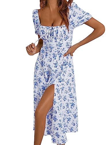 Image of SPRIME Women's Floral Summer Casual Dress Square Neck Puff Sleeve Boho Midi Dresses Ruched Bust High Waist Split Long Dress