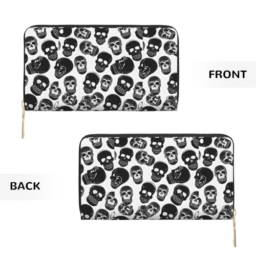 Leather Wallet for Women Ladies Novelty Printed Around Zipper Long Wallet Phone Purse Credit Card Holder, Black Skull3