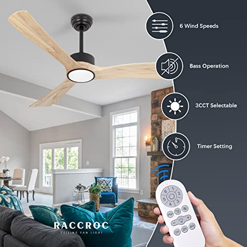 Raccroc Wood Ceiling Fans With Lights And Remote,52In Ceiling Fan,22W Led Light Modern Ceiling Fan With Lights,3 Natural Solid Wood Blades,6 Speeds,Reversible Quiet Dc Motor #TOP1