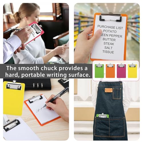 4 Stuck Klemmbrett A6,Kunststoff Klemmbrett Klein,Mit Gummierter Metalklemme und Aufhängeose,Tragbar,Klemmbretter für Büro Werkstatt Küche- 15x10cm(Orange,Rot,Gelb,Grün)