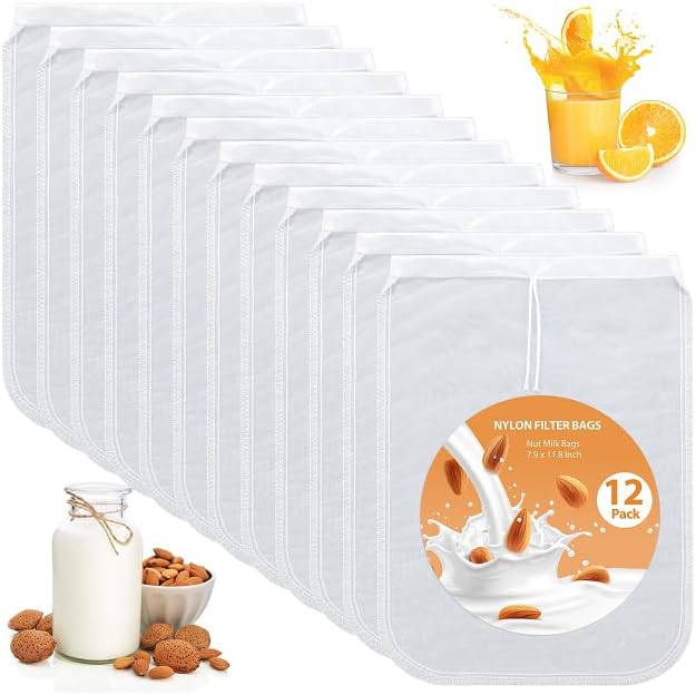 Tudomro 12 Pcs Nut Milk Bag 8 x 12 Inch Food Grade Reusable Cheese Cloth Bag for Straining Washable Mesh Nylon Strainer for Filtering Almond Yogurt Juice Coffee Soup Tofu Tea Wine Herbs