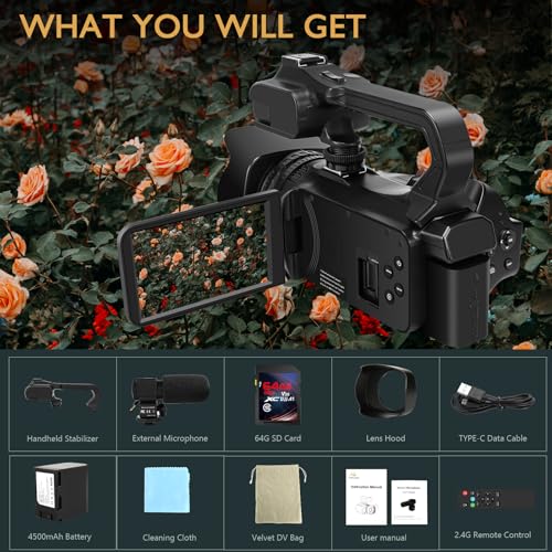 Image of Camcorder 6K Video Camera Ultra 64MP Vlogging Camera for YouTube Webcam | 18X Digital Zoom, 4.0 Inch Touch Screen, IR Night Vision With WiFi, Microphone, Remote Control, 64GB SD Card and Stabilizer
