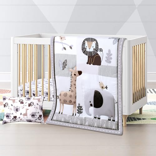 Image of JISEN 3 Piece Crib Bedding Set Soft Baby Crib Bedding Set Jungle Animals Crib Comforter Set - Comforter Crib Sheet Pillowcase Grey Nursery Bedding Sets for Baby Girls or Boys