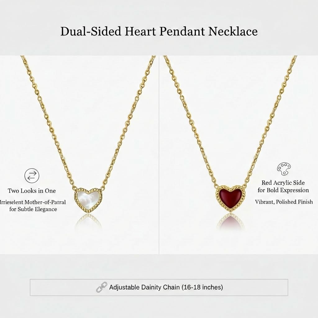 18K Gold Plated Heart Necklace for Women – Reversible Two-Sided Pendant with Natural Shell & Red Acrylic- Adjustable Dainty Gold Necklace – Gift for Valentine’s Day, Anniversary, Mom or Wife - Image 7