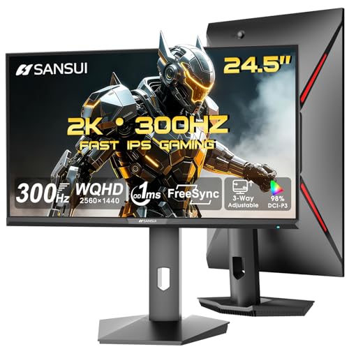 SANSUI 24.5 Inch Gaming Monitor 300Hz, QHD 2560×1440 Computer Monitor, 1ms Fast IPS Panel with 2× HDMI + 2× DP Ports, 130% sRGB Eye Care VESA Support (DP Cable Included ES-G25F6Q Pro)