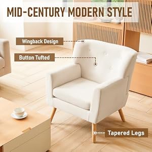 PrimeZone Mid Century Modern Accent Chair Comfy Fabric Living Room Chair Reading Chair with Button Tufted Design Wing Back Cozy Upholstered Armchair for Bedroom Corner Waiting Room Beige