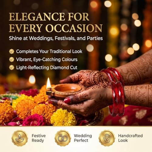 Image of ZULKA Get your traditions Glass With Diamond Pattern Glossy Finished Kada Set For Women and Girls,(Red 2.6 Inches), Pack Of 2 Kada Set