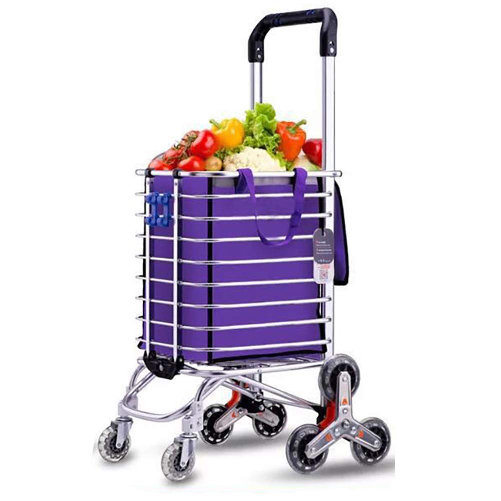 Grocery Laundry Utility Foldable Shopping Cart Trolley, Aluminum Alloy 8-Wheel Stair Climbing, Load Capacity 50kg,Free Hook Luggage Rope Storage Bag - 35L Capacity,Purple,C
