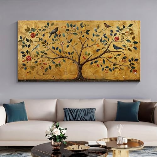 Image of 999STORE Golden Tree of Life Canvas Painting - 24x48 Inches Framed Art, Elegant Symbolic Wall Decor (FLP24480717)