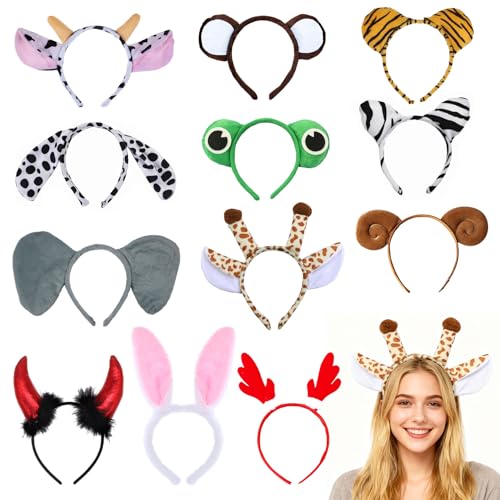 Spetsbst Tier Haarreif mit Ohren 12 Stück Cartoon Animals Ohren Stirnbänder Set Tiger Giraffe Hasen Katze Kostüm Zubehör Kopfbedeckung für Erwachsene Kinder Party Karneval Geburtstag