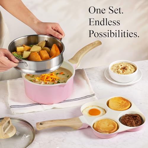 Image of CAROTE 21 PCS Ceramic Cookware Set, Pots and Pans Set Non Stick, Pot and Pan Set with Frying pan, Induction Ready Cooking Set for Kitchen, PFOS /PFOA /PFAS Free, Pink