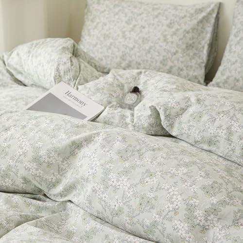 Image of VM VOUGEMARKET Twin Duvet Cover Set with Green Flower Pattern,Pure Cotton Bedding Set Vintage Floral Prints Comforter Cover Conquette Cottagecore Bedding for Teen Girls