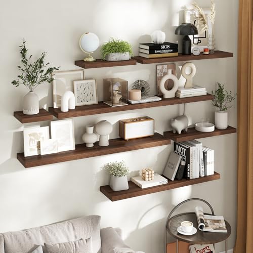 32 Inch Floating Shelves for Wall Set of 2, 8"D Wood Grain Bathroom Shelves with Invisible Brackets, Easy Install Engineered Wood Storage Shelves for Kitchen, Living Room, Bedroom, Walnut Finish
