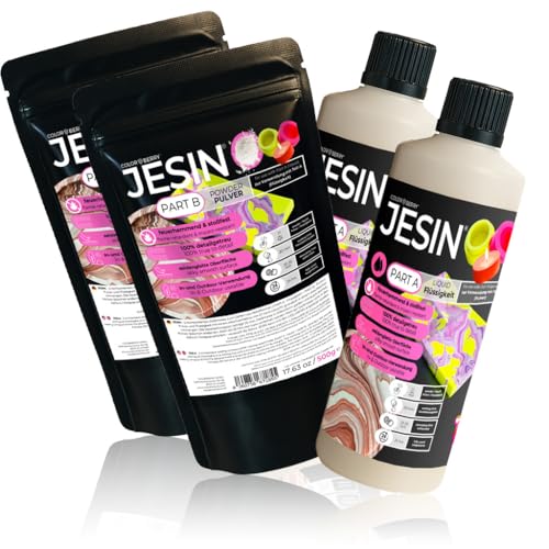 COLORBERRY JESIN 1 5kg Set -Gießpulver weiß Alternative aus 1kg Pulver & 0 5kg Gießmasse - Ersatz für Bastelbeton Reliefgießpulver weiß & Epoxidharz - geruchlos lufthärtend und für Silikonformen